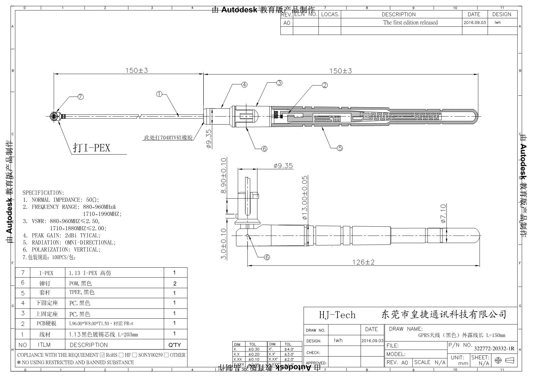 GPRS外置天線大S板端黑色膠棒外置天線